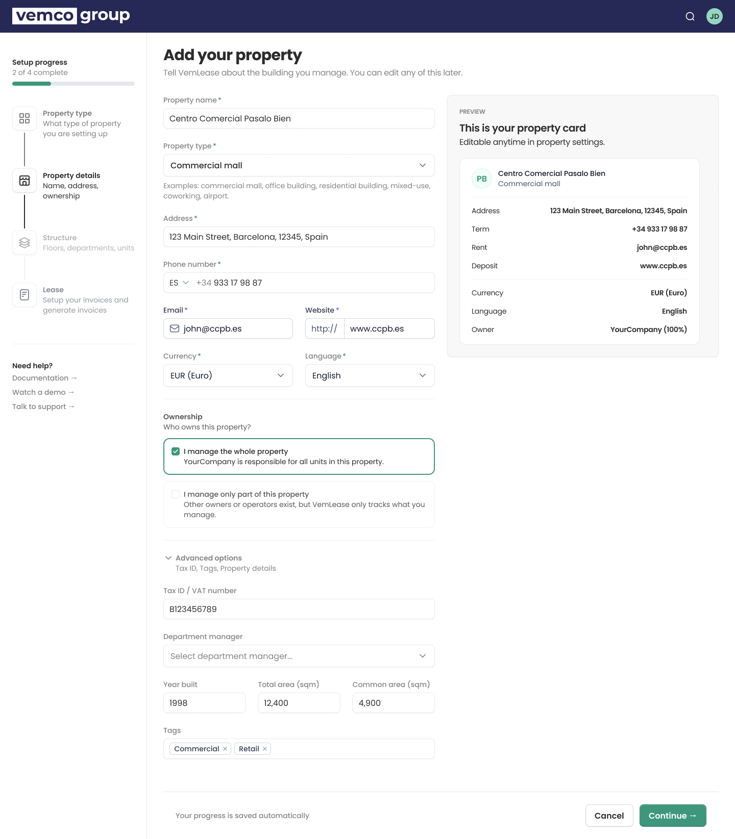VemLease: adding a property, with the property card preview